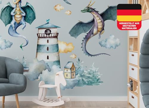 Osomhome Wandtattoo Kinderzimmer Mädchen & Junge: Drachen & Leuchtturm (190x140cm) | Wandsticker & Wanddeko Kinderzimmer | Wandaufkleber, Wall Stickers os9602