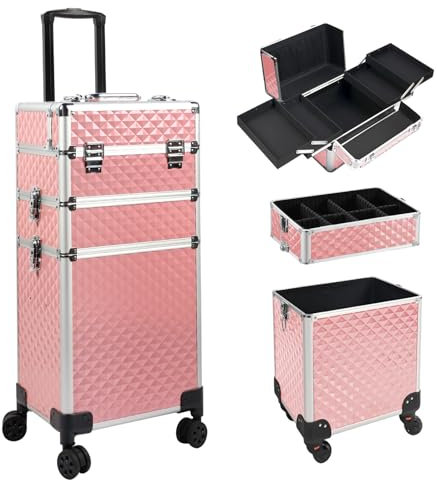 Kalolary 3-in-1 Professional Rolling Makeup Trolley Beauty Cosmetics Vanity Organizer Box Beauty Case On Wheels Storage Case for Artists Beautician (Pink)