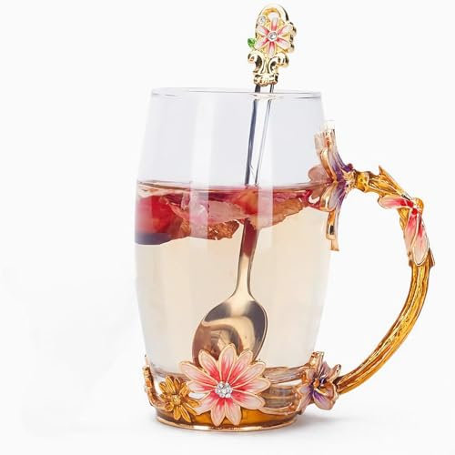 Eastrise Enamel Flower Glass Tea Cup,Beautiful Present for Her-Women Mom Friends Teacher,Durable Enamel Flower Glass Coffee Cup with Spoon for Birthday Christmas Valentine and Mother's Day (High)