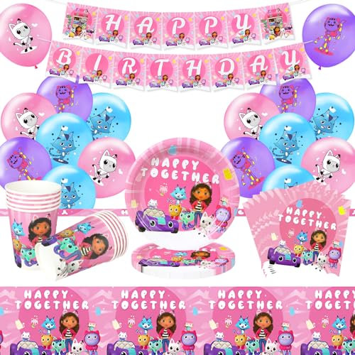 60 Pcs Decoration Anniversaire Kit Fille, Vaisselle Anniversaire Ballon Bannière, Nappe, Plaque, Tasse, Serviettes en Papier