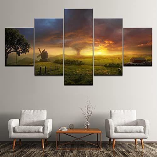 Leinwanddrucke Kunstwerk 5 Panels Leinwandbilder Hd Print Wandkunst 5 Stück Leinwandbilder 5 Stück Leinwand Wandkunst Sonnenuntergang Windmühle Prärie Tornado 150 X 100 Cm Für Wanddekoration -1J5J/M5D