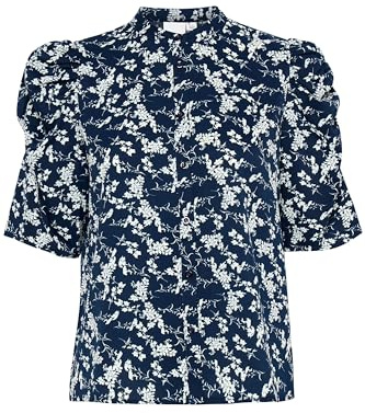 Ichi IXNINA Damen Bluse Shirt Kurzarmbluse mit Knöpfen Puffärmel Regular fit, Größe:38, Farbe:Total Eclipse/White Flower (204388)