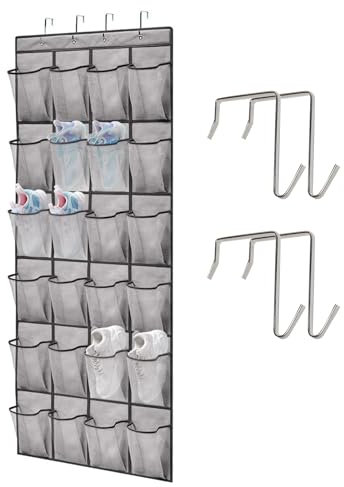Mythosurge Over the Door Hanging Shoe Storage Holder Organizer, 24 Large Mesh Pockets for Wardrobe Door Tidy with Hanger (Grey)