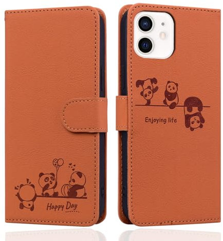 Butnyeoe for iPhone 12 Phone Case, iPhone 12 Pro Wallet Case, Leather Magnetic Book Flip Protective Cover with Card Holder, Cute Cartoon Panda Orange