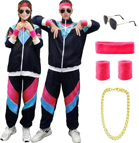 Kakamanon 90er 80er Jahre Kostüm Erwachsene, Retro Trainingsanzug für Männer Frauen, Retro Jogginganzug mit Stirnband Armbänder Brille, 80er 90er Kostuem Anzug Paare Bad Taste Outfit für Karneval
