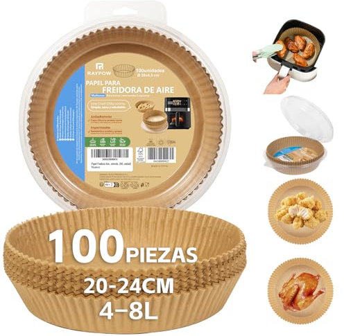 Papel Freidora Aire 20R100 Air Fryer Redondo 100 Unidades 20-24 cm moldes Desechable para Horno BPA Free Accesorios para Freidora sin Aceite de 2 a 8 litros (20-24CM-Redondo-100 unidad)