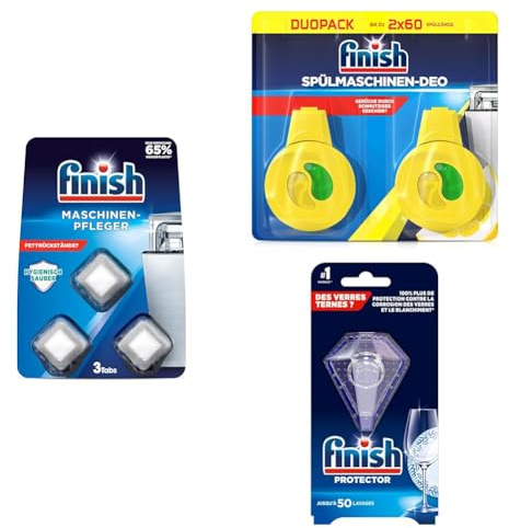 Finish Maschinenpfleger Tabs gegen Schmutz und Fett in der Spülmaschine – 1x3 Tabs + Spülmaschinen-Deo Citrus & Limette gegen schlechte Gerüche – 1x2 Stk + Protector für Farb- und Glanzschutz – 1 Stk