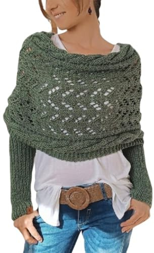 Hislaves Multifunktionaler Schal mit Ärmeln für Damen, Gestrickter Schal Sweater Wrap mit Ärmeln, Boho Pashmina Schal Umhang (Graugrün)