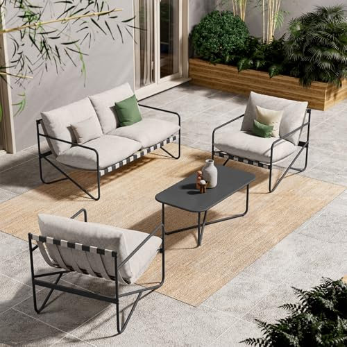 Grand patio Gartenmöbel 4er Set, Balkonmöbel Set 4 Personen mit Kissen, Lounge Möbel Outdoor mit Gartensofa, 2 Sessel, Tisch, Terassenmöbel Sitzgruppe Loungemöbel für Garten, Außen, Drinnen (Gelb)