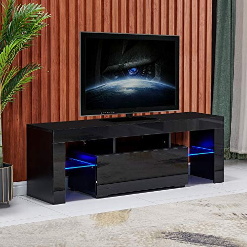 Rainbow Tree 130cm High Gloss TV Stand Cabinet With LED Lights Up to 65in TV, Modern TV Unit with Shelves and Drawers Large Storage TV Cabinet for Living Room Bedroom Black