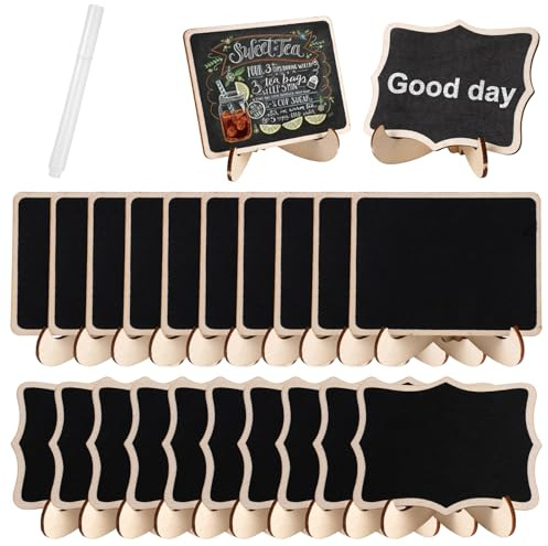 24 Stück Mini Kreidetafel mit Ständer, Kleine Tafeln Zum Beschriften, Kreidetafel Klein mit Ständer, Mini Tafel mit 1 Stiften für Tischkarten Geburtstag, Platzkarten Hochzeit, Preisschilder,Buffet