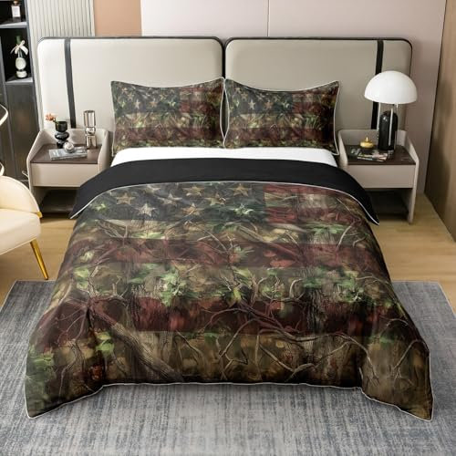 Homewish Juego de funda de edredón 100 % algodón, diseño de camuflaje de caza, ramas rústicas del bosque, funda de edredón doble, ropa de cama de campo y cabaña, 2 fundas de almohada