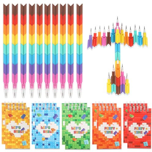 Ensemble Cadeau de Fournitures Scolaires, 10 Mini Blocs-Notes de Construction et 10 Crayons de Couleur Empilables, Cadeau pour Fête de Blocs de Construction,Cadeaux pour Enfants, Récompenses Scolaires