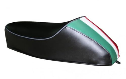 Kurzer Sattel schwarz Einsitzer mit dreifarbigem Rückenhöcker Italienische Flagge kompatibel mit Vespa 50 Special R-L-N