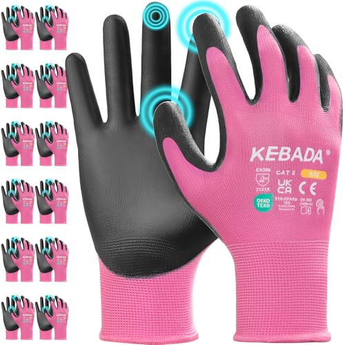 Kebada Work Gloves for Men and Women, PU Coated Touchscreen Safety Working Gloves with Grip, Great for Gardening, Mechanic, Warehouse, Driving, Construction, Manufacturing, Pink, 12 Pairs, X-Small