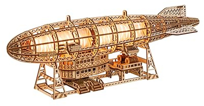 Wood Trick Leuchtende Zeppelin LED 3D Holzpuzzles für Erwachsene zum Bauen - Bewegliche Propeller & Schwanz - Inklusive Wandhalterung & Ständer - Engineering DIY Projekt Mechanische 3D Puzzle