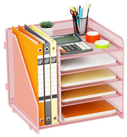 Volmop Desk Organizers and Accessories, 5 Tier Desk Organizer with File Holder, Stackable Letter Tray Storage for Office Supplies, Rosa