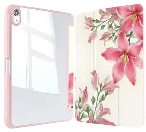 Vozehui 11/10.9 Pouces Coque Fleur de Lys Compatible iPad 11/10ème Génération 2025/2022 Coque avec Coque Arrière Transparente avec Porte-Crayons,Réveil Automatique du Sommeil