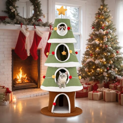 COSTWAY Albero di Natale per Gatti Alto 154 cm con 4 Condomini | Tiragraffi per Gatti con Pallina Pendete, Giocattolo a Molla e Stella in Cima, Mobile per Animali per Decorazioni Natalizie
