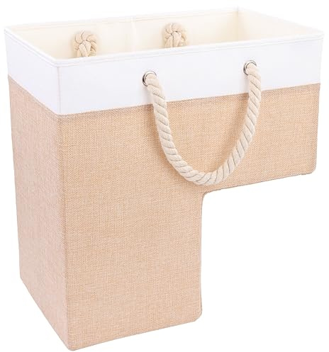 SAM AND MABEL Stair Baskets for Carpeted and Wooden Stairs – 16”L x 10”W x 16”H Foldable Staircase Basket with Handles, Stair Step Storage Organizer (Warm Beige and White)
