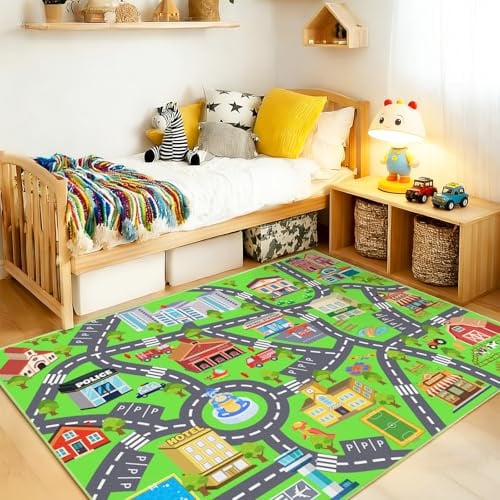 Rezutan Autoteppich Kinder mit Straße, Kurzflor Waschbar & rutschfest Teppich für Kinderzimmer, spielteppich straße für Klassenzimmer, Spielzimmer, Schlafzimmer, 120X160cm