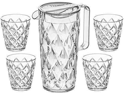 Koziol Kanne Crystal 1,6l transparent klar im Set mit 4 Bechern Crystal S 0,2l transparent klar