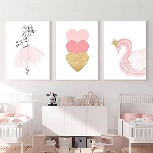 Set de 3 Posters Chambre Bébé Fille Cygne Cœur Rose Affiches Tableaux Peinture sur toile Decoration Murale Cadeaux NPTWC006-S