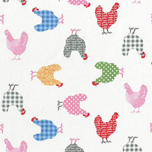 Textiles français Stoff/Hühner Stoff | Die ‘Hip’ Küken Stoff | Rot, Pink, Mittelblau, Farngrün, Senfgelb, Weiß und Grau (Grundfarbe: weiß) | 100% Baumwolle | Stoffbreite: 160 cm (pro Laufmeter)*