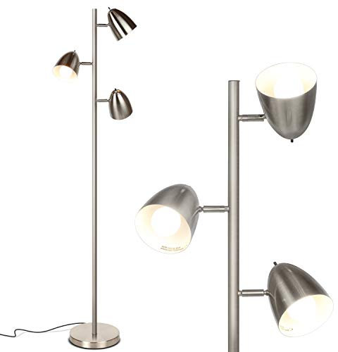 Brightech Jacob - LED Reading and Floor Lamp for Living Rooms & Bedrooms - Classy, Mid Century Modern Adjustable 3 Light Tree - Standing Tall Pole Lamp with 3 LED Bulbs - Satin Nickel