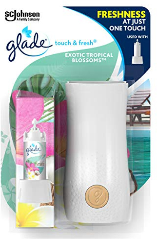 Glade Touch & Fresh Toilet Spray Air Freshener, Touch Activated Odour Eliminator for Bathroom & Home, Starter Kit with Holder & 10 ml Refill, Tropical Blossoms, Pack of 4