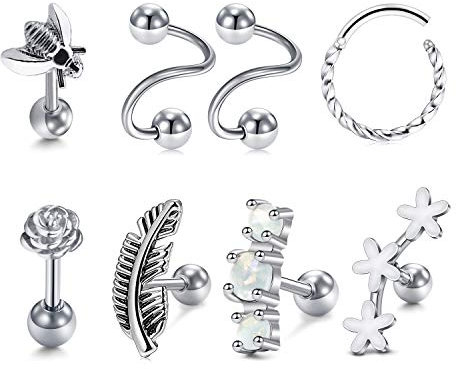 Mayhoop 8 Pcs Piercing Oreille Argent Cartilage Tragus Helix 16G Acier Inoxydable Rose Plume d'abeille Fleur Anneau segmenté Spirale Barbell Anneau Piercing Bijoux Femmes Filles