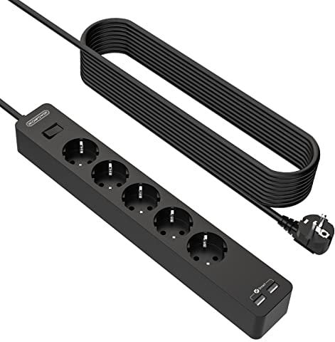 NTONPOWER 5 Fach Steckdosenleiste 5 Meter mit USB C, Mehrfachsteckdose Überspannschutz Wandmontage mit Kleber, Langes Verlängerungskabel Kindersicherung, Schwarz