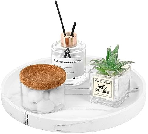 Luxspire Rund Tablett deko, Harz Kosmetiktablett Dekoschalen Schminktisch Make up Tablett Dekoteller Schmuck Organizer Servierbrett Schale für Kosmetik Schmuck Bad Wohnzimmer Deko, Kie & Harz
