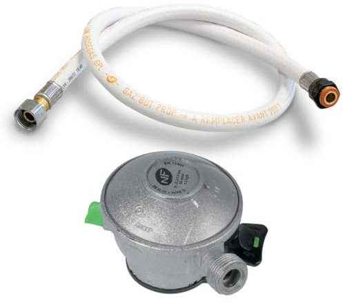 KEMPER - Pack tuyau gaz flexible 1.50 m + Détendeur Butane à clipser Quick-On Valve Diam 27mm BUTAGAZ Avec Sécurité stop gaz