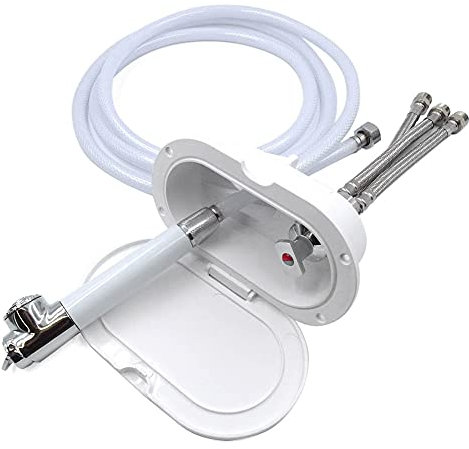 Kit Installazione per Doccia esterna AFRODITE composta da Box con coperchio Tubo Retinato 2,5mt Doccetta Miscelatore e Flessibili Ideale PEr Camper e Nautica
