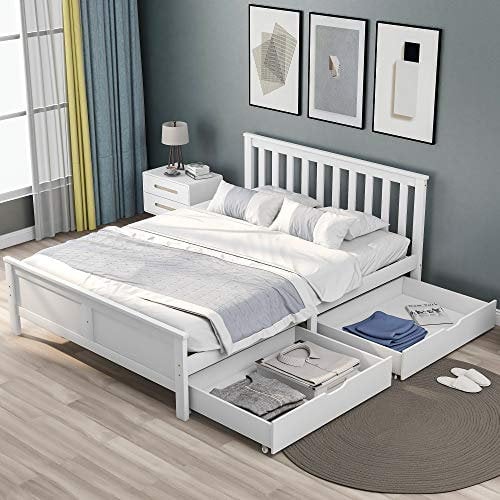 BTM 4ft6 Double Bed Frame, Wooden Solid White Pine Storage Bed Frame With Drawers, Bed Frame for Adults Kids Teenagers (White 190x135cm)