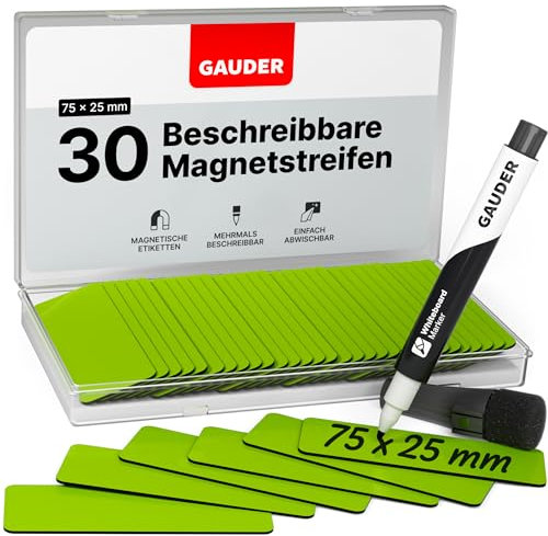 GAUDER Magnetic Dry Erase Labels | (75 x 25 mm) Magnetic Labels to Write on | Dry Erase Magnets for Classroom, Whiteboard & Blackboard
