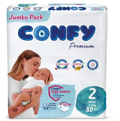 Confy Windeln für Babys (3-6 kg), Gr. 2 Jumbo Packung (80 Stk), Rundum Auslaufschutz
