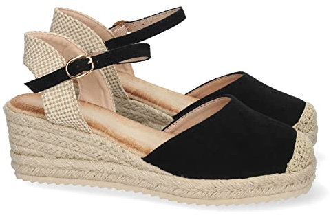 shoes&blues.es 62996-Sandalia de Cuna para Mujer, Forrado de Yute, Pala Cerrada, y Cierre de Hebilla, Primavera Verano 2022. Talla 40 Negro