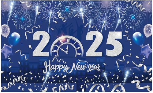 DPKOW Blau Silber 2025 Happy New Year Banner für 2025 Silvester Dekoration, 2025 Silvester Hintergrund Banner Dekoration, 2025 Frohes Neues Jahr Banner Dekoration, 185 * 110cm