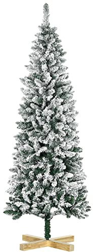 HOMCOM 6 Ft Snow Flocked Artificial Christmas Tree, Xmas Pencil Tree with Realistic Branches, Auto Open, Pinewood Base, Green