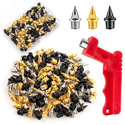 Homotte 1/4 Zoll Track Spikes Pyramide, 120 Stück Stahlspikes mit Aufbewahrungsbox und kleinem Schraubenschlüssel, Gold, Silber und Schwarz Gemischte Spikes für Jugendliche Leichtathleten Laufen Cross