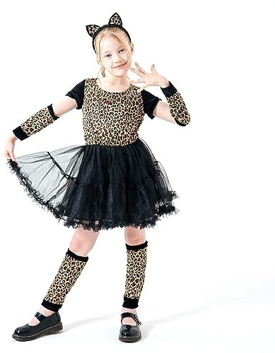 Willheoy Mädchen Leopard Kostüme Halloween Tierkostüme für Fasching Karneval Tütü Rock Prinzessin Kleid Mit Ohren Haarreif Size M (110-120cm)