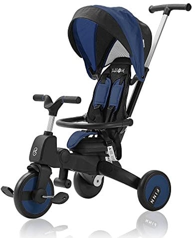 FableKids Dreirad 7in1 Kinderdreirad Kinder Lenkstange Fahrrad Baby Kinderwagen | Elternlenkung |Verdeck | ab 18 Monaten | 360° Sitz | Blau