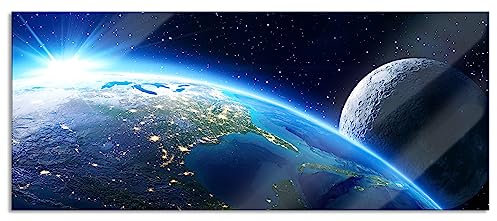 Pixxprint Glasbild Panorama, Wandbild aus Echtglas, Erde und ihr Mond aus dem All, 100x40 cm, inkl. Aufhängung und Abstandshalter