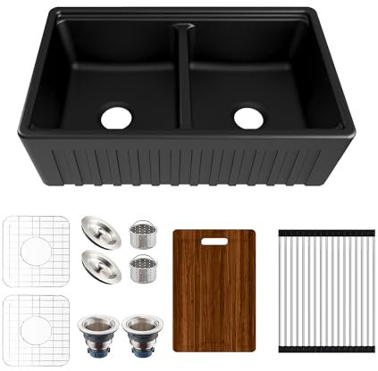 MEJE #KS 84 x 51 cm Fregadero de cocina rústico, con borde frontal, un seno, cerámica, tabla de cortar, rejilla y colador, blanco