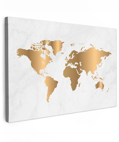 MuchoWow© Leinwand 60x40 cm Goldene Deko Schlafzimmer Aesthetic Leinwandbilder Wohnzimmer Gemälde Foto Geschenk Living Room Decoration Bild Weltkarte Wand - Landkarte Welt - Gold - Marmor