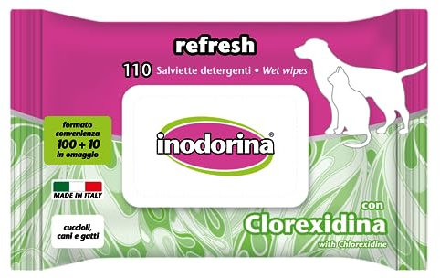 Inodorina, Erfrischungstücher, Reinigungstücher aus Widerstandsfähigem Stoff, mit Feuchtigkeitsspendendem, Erweichendem und Schützendem Wirkstoff, Chlorhexidin-Duft, 110 Stück