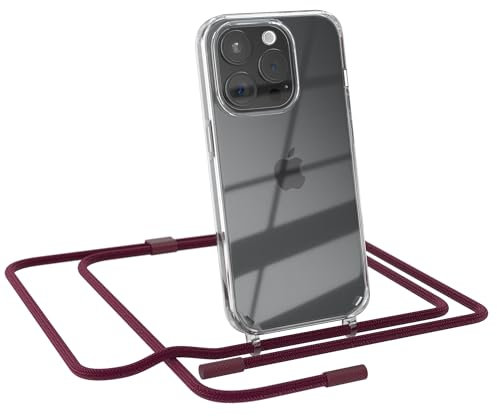 EAZY CASE - Handykette kompatibel mit iPhone 15 Pro - dünne Handyhülle für iPhone 15 Pro Hülle mit Band als Fallschutz Kette zum Umhängen transparente Hülle Silikon in Beere