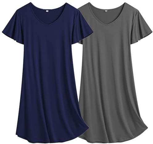Ekouaer 2 Pack Nightgowns for Women Flare Short Sleeve Sleepshirt V Neck Sleepwear Plain/Floral Print Pajama Dress S